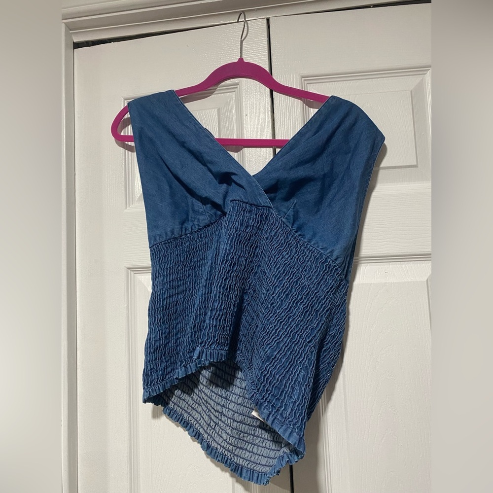 Fake blue denim 100% cotton tie neck stretchy shirt/top XL
